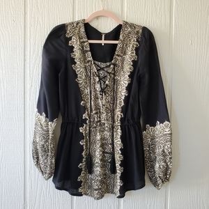 Free People Wildest Moments Boho Tassel Lace Up Peasant Style Tunic Black XS
